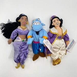 Disney Store Aladdin Plush Doll Set Genie Jasmine‎ Aladdin Bean bag  Stuffed 8"